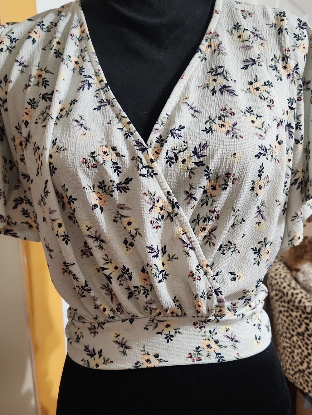 Floral Wrap Blouse in Light Blue with V-Neck and Back Tie